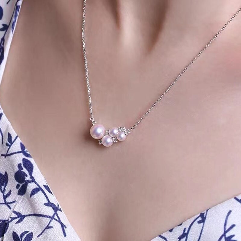 Phụ Kiện ngọc trai làm thủ công 925 Vòng cổ bạc Chủ Đa chuỗi hạt Cụm mặt dây chuyền Chuỗi Rỗng Chủ Với Chuỗi Với 6-9Mm hạt cườm tròn