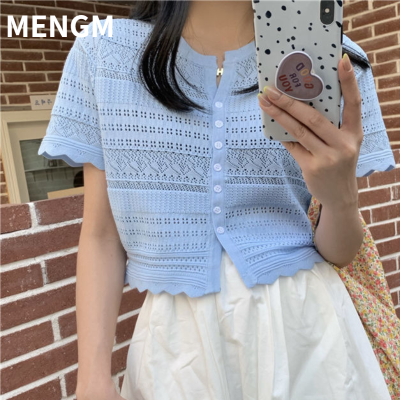 Áo Khoác Cardigan Nữ Nhỏ Tay Ngắn Dệt Kim Mỏng Khoét Lỗ