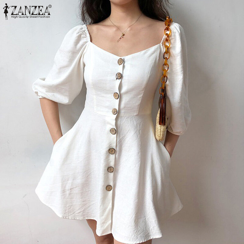Zanzea đầm mini mùa hè có cúc cổ tim tay áo phong cách hàn quốc cho nữ 3/4