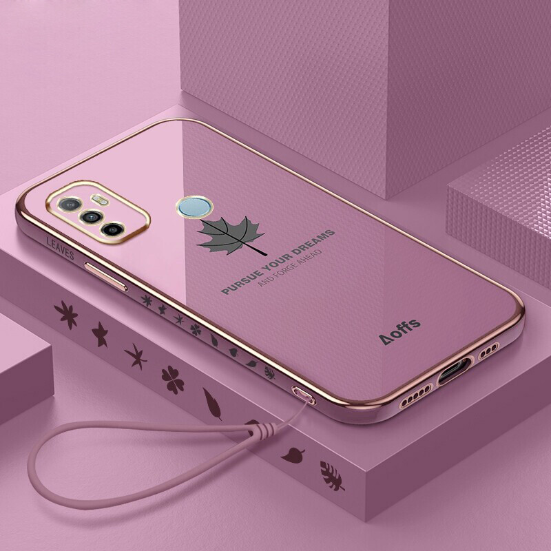Zuzubetty ốp điện thoại mạ viền thẳng cho oppo a53 2020 a32 2020 ốp vuông tpu mềm mạ crôm sang trọng ốp bảo vệ máy ảnh chính xác ốp họa tiết lá phong + dây đeo miễn phí