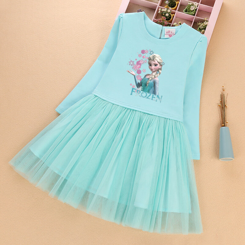 Váy Công Chúa Frozens Anna Elsa Cho Bé Gái, Váy Lưới Bồng Bềnh Vải Cotton Họa Tiết Hoạt Hình Dài Tay Thời Trang Xuân Thu Dễ Thương Váy Dài Dự Tiệc Sinh Nhật