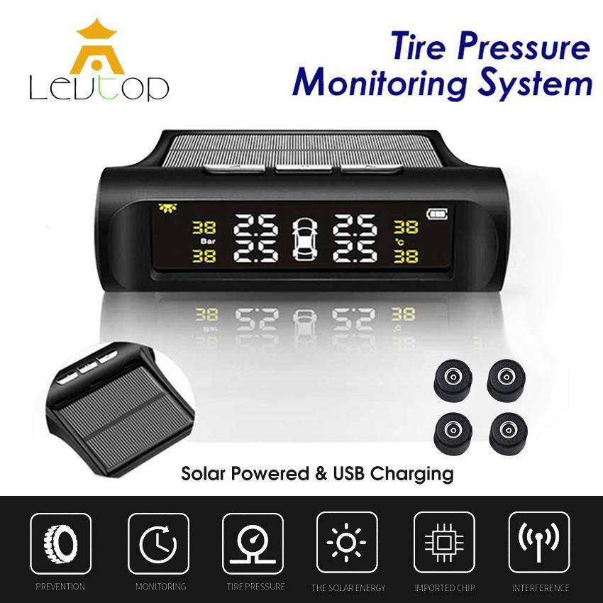 LEVTOP Tire Pressure Monitoring System Car Tyre Pressure Alarm TPMS Solar Power Panel USB Charging TPMS Universal 4 External Sensors Real-time LED Display Tire Pressure Temperature Detector
