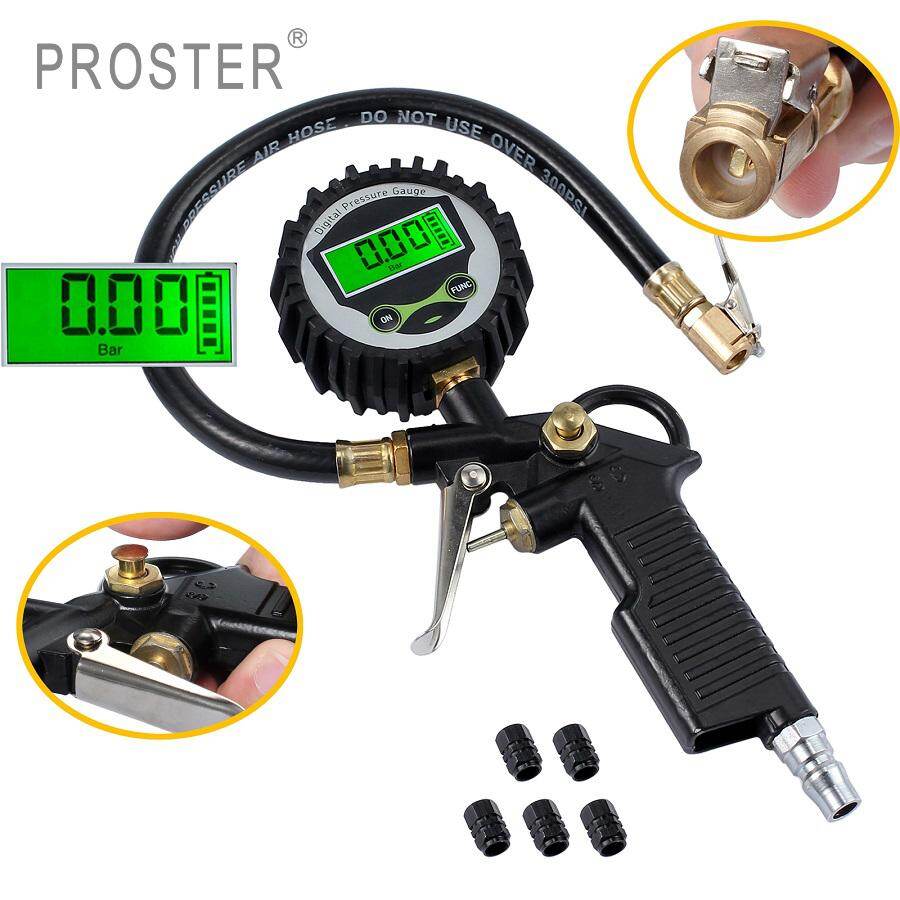 Proster kỹ thuật số lốp đồng hồ đo áp suất điện lốp đồng hồ đo áp suất kỹ thuật số đồng hồ đo áp suất lốp xe máy bơm hơi lốp xe ga 200 psi lcd backlit màn hình 5 đen van nhựa mũ dành cho xe hơi và xe máy