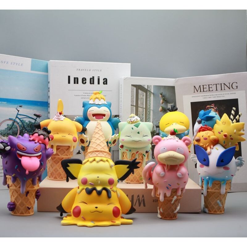 14cm Pokemon squirtle Bulbasaur Pikachu Psyduck Snorlax nón kem loạt tượng mô hình anime mô hình trang trí