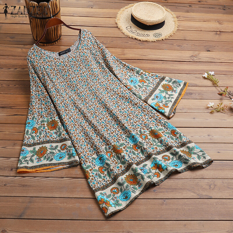 Muangee Đầm Mini Họa Tiết Hoa Phong Cách Bohemia Mùa Hè Cho Nữ ĐầM Xòe Thường Ngày Cổ Tròn ZANZEA