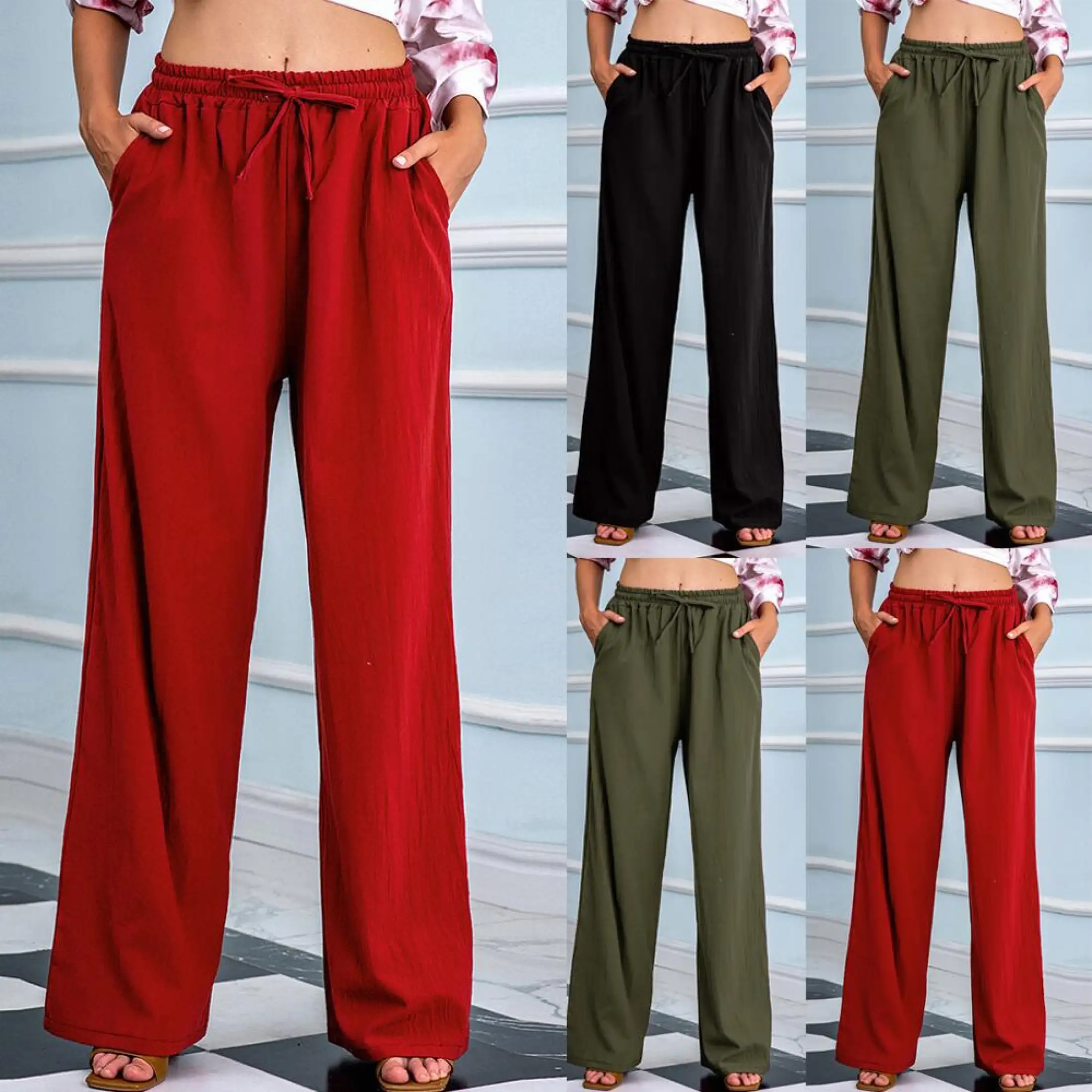 Women Wide Leg Pants Fashion Elastic 