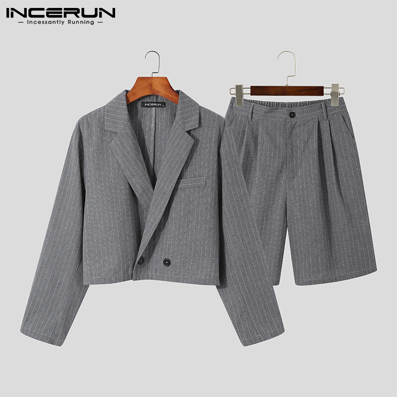 INCERUN Áo Blazer & Quần Short 2 Mảnh Cho Nam Bộ Đồ Trang Trọng Kẻ Sọc Bộ Đồ Mặc Nhà Làm Việc Công Sở (Trang Phục Thường Ngày) #2