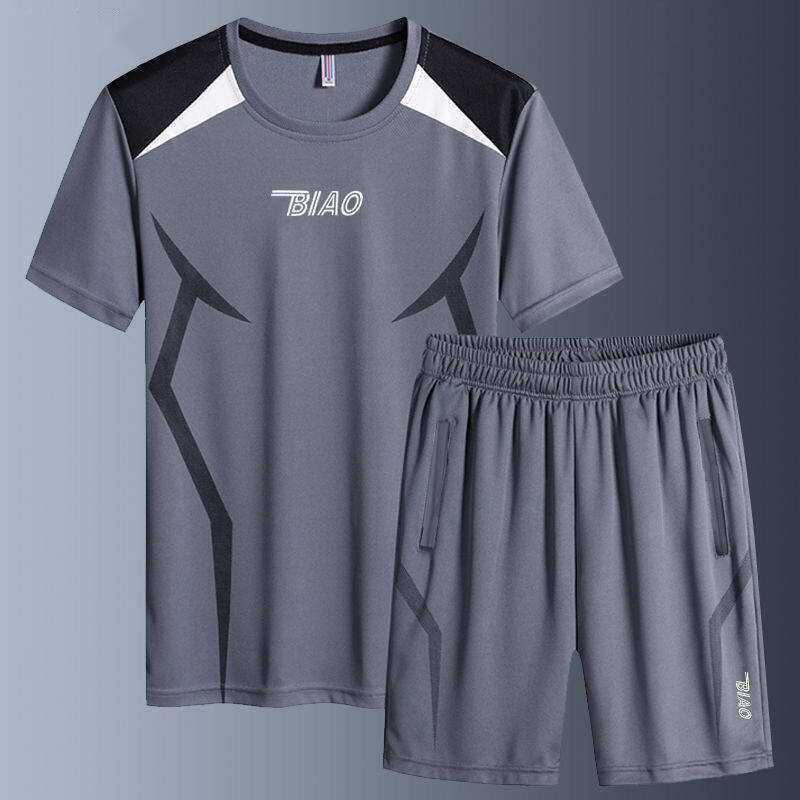 Men's Fashion Mesh Sports Short Sleeve 5/4 Pants Men's Professional Running T-shirt Round Neck Fitness Two Piece Set
