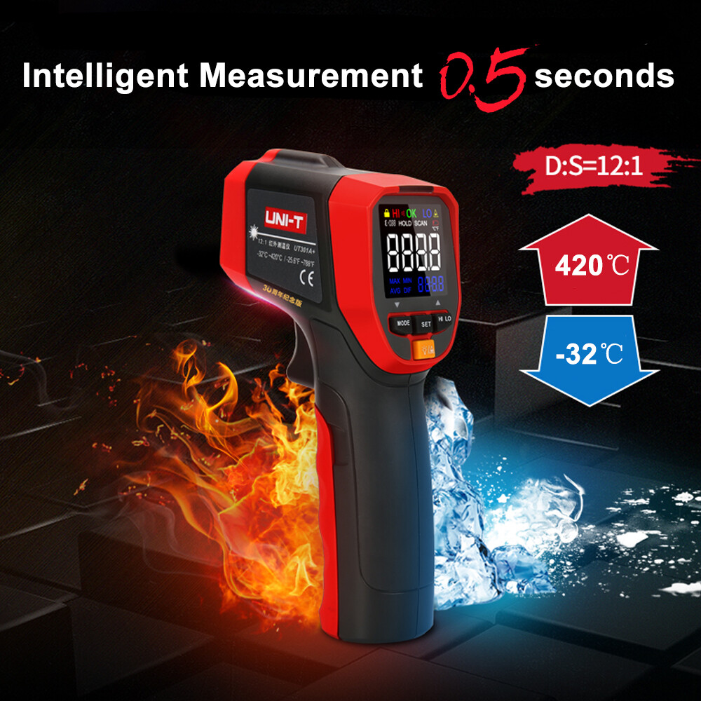 (Sẵn sàng) UNI-T ut301a + Nhiệt kế Laser không tiếp xúc hiển thị màu HD Nhiệt kế hồng ngoại ℃ / ° F chuyển đổi còi báo động giữ dữ liệu