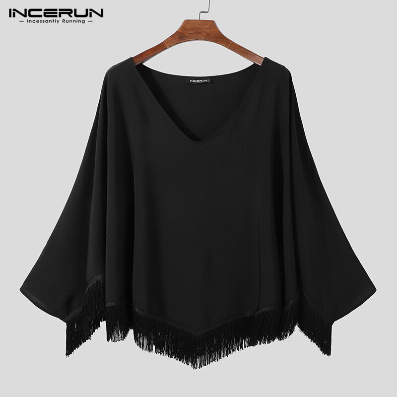 Incerun áo thun tua rua dáng rộng cổ chữ v tay dài cho nam áo kiểu đi tiệc hippy dáng rộng áo thun #3