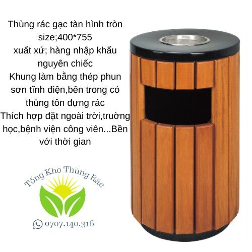 Thùng rác inox ngoài trời bọc gỗ đế cao hình tròn, l-039