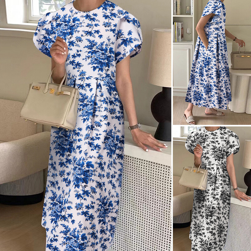 Forevercan vonda đầm sơ mi cổ tròn cho nữ đầm maxi đầm xòe dài đi biển hoa ngoại cỡ