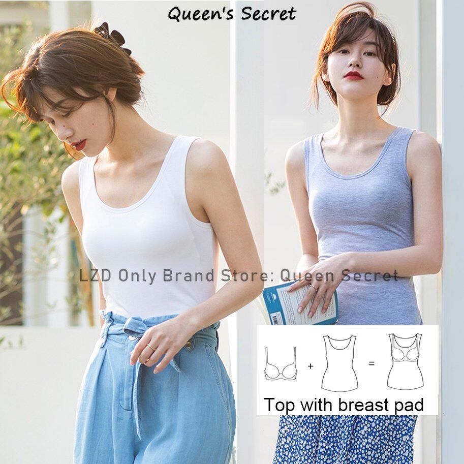 [Queen's Secret]Japan sleeveless vest with chest pad, women's comfortable solid color basic fixed cup sprot tank top, black/white/gray top, home wear