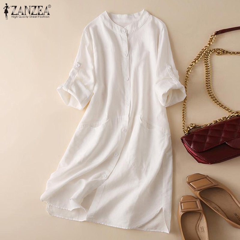 Zanzea đầm sơ mi xẻ gấu cổ tròn ol công sở trang trọng cho nữ đầm dài tay cotton màu trơn dáng rộng #2