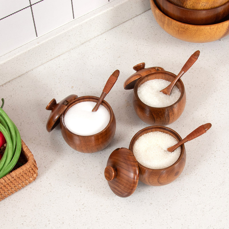 [Easy to use] Wooden Seasoning Jar Creative Kitchen Spice Jar Household R Salt Jar MSG Sugar Seasoning Suit with Lid