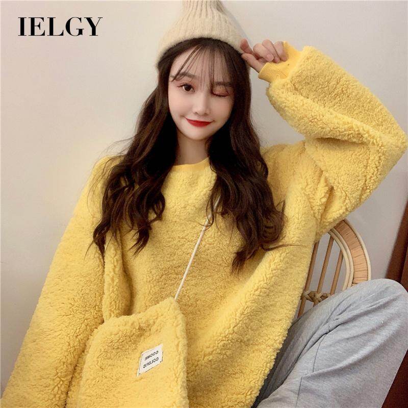 IELGY Áo Khoác Lông Cừu Cho Nữ, Áo Chui Đầu Thời Trang Cổ Tròn Lông Cừu Kiểu Hàn Quốc Màu Trơn Dễ Phối Đồ