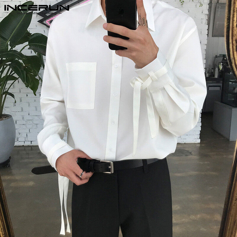 Áo Sơ Mi Nam INCERUN Áo Có Cổ Trang Trọng Thắt Dây Tay Áo Thời Trung Cổ Phong Cách Hàn Quốc