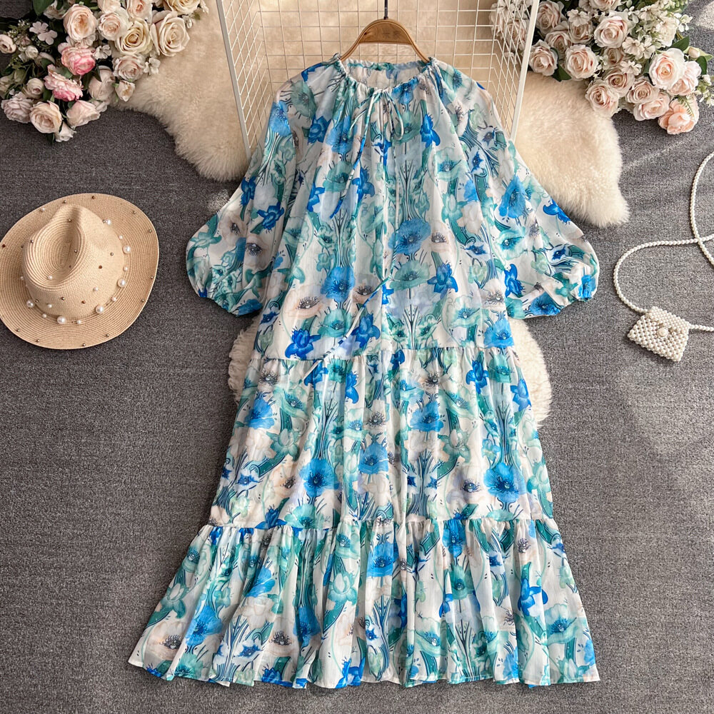 Phụ nữ bãi biển đầm dài retro đèn lồng dài tay rộng cổ tròn a-line váy hoa phụ nữ xuân hè hàn quốc đầm boho