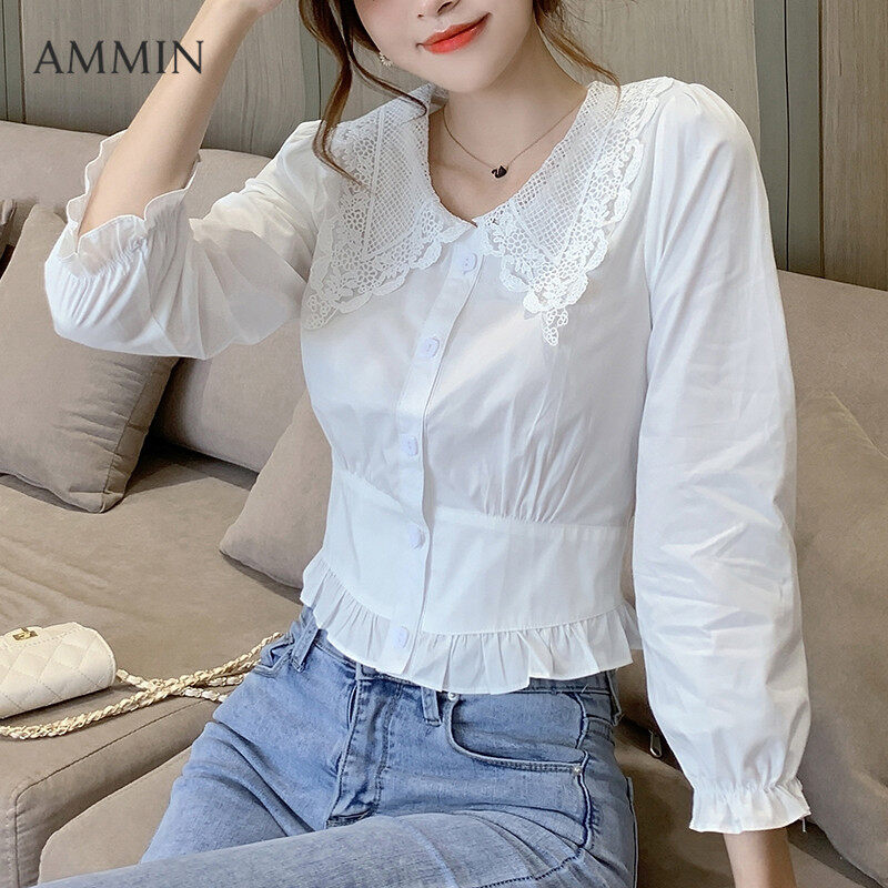 Áo Kiểu Cổ Búp Bê Ren AMMIN Cho Nữ, Áo Dài Tay, Dáng Ôm Eo, Phù Hợp Với Mọi Kiểu Pháp