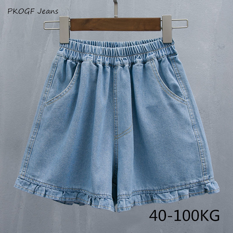 Pkogf quần short jean nữ ngoại cỡ mới quần đùi denim rộng đơn giản, quần soóc ngoại cỡ ống rộng eo co giãn ôm sát