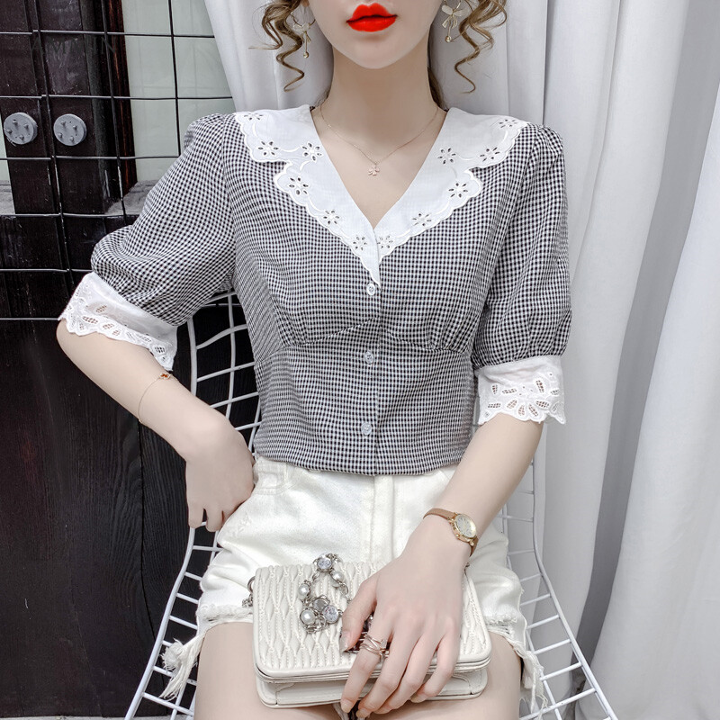 AMMIN Áo Voan Kẻ Ca Rô Cổ Chữ V Ngắn Tay, Áo Cánh Nữ Tay Lồng Đèn Thêu Móc Khoét Ren Thiết Kế Cá Tính Mùa Hè 2021 Phong Cách Mới Áo
