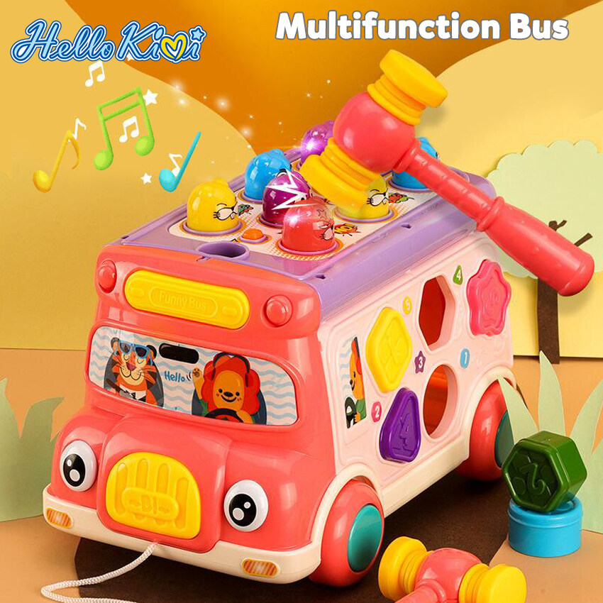 HelloKimi  Music Activity Bus Montessori Color Shape Educational Toys Baby Toy Kid Sound Light Infant Learning Game Toy Clock Education Toddler Mobile Pull Car Toy Hand Eye Coordination Toy