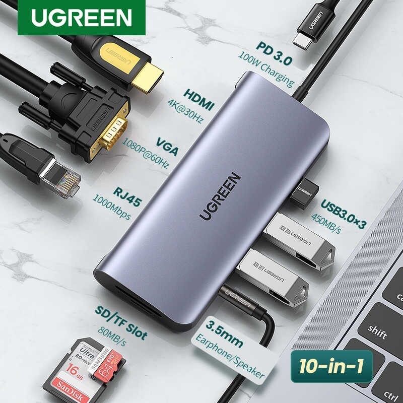 Cáp chuyển hub ugreen 10 in 1 usb type c ra hdmi 4k cao cấp ugreen 80133