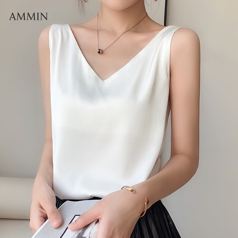 AMMIN Tops 2021 spring and summer new style simple V-neck sleeveless fashion silk camisole women's Korean style elegant temperament silk comfortable and cool blouse