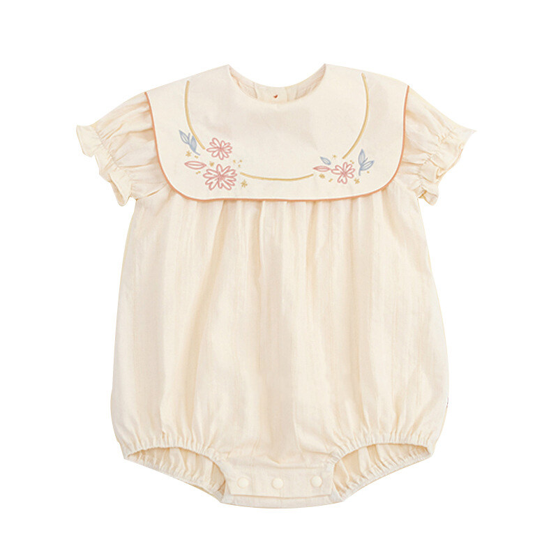 Retro Embroidery Flower Collar Baby Rolmper Spring Summer Cotton Newborn Girls Jumpsuit Long Sleeve Linen Infant Bodysuit