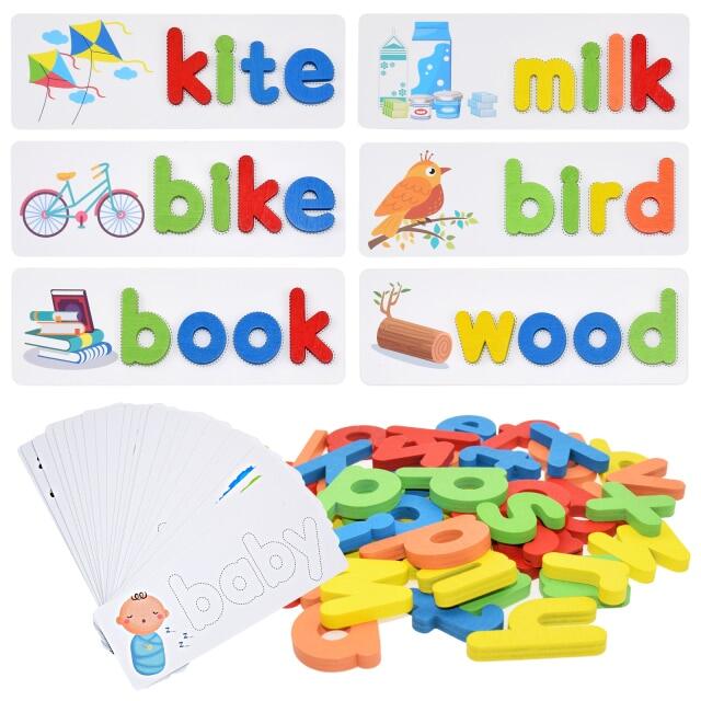 Montessori สะกดเกมคำของเล่นไม้ต้นเรียนรู้จิ๊กซอว์ตัวอักษรปริศนาการศึกษาก่อนวัยเรียนของเล่นเด็กสำหรับเด็ก