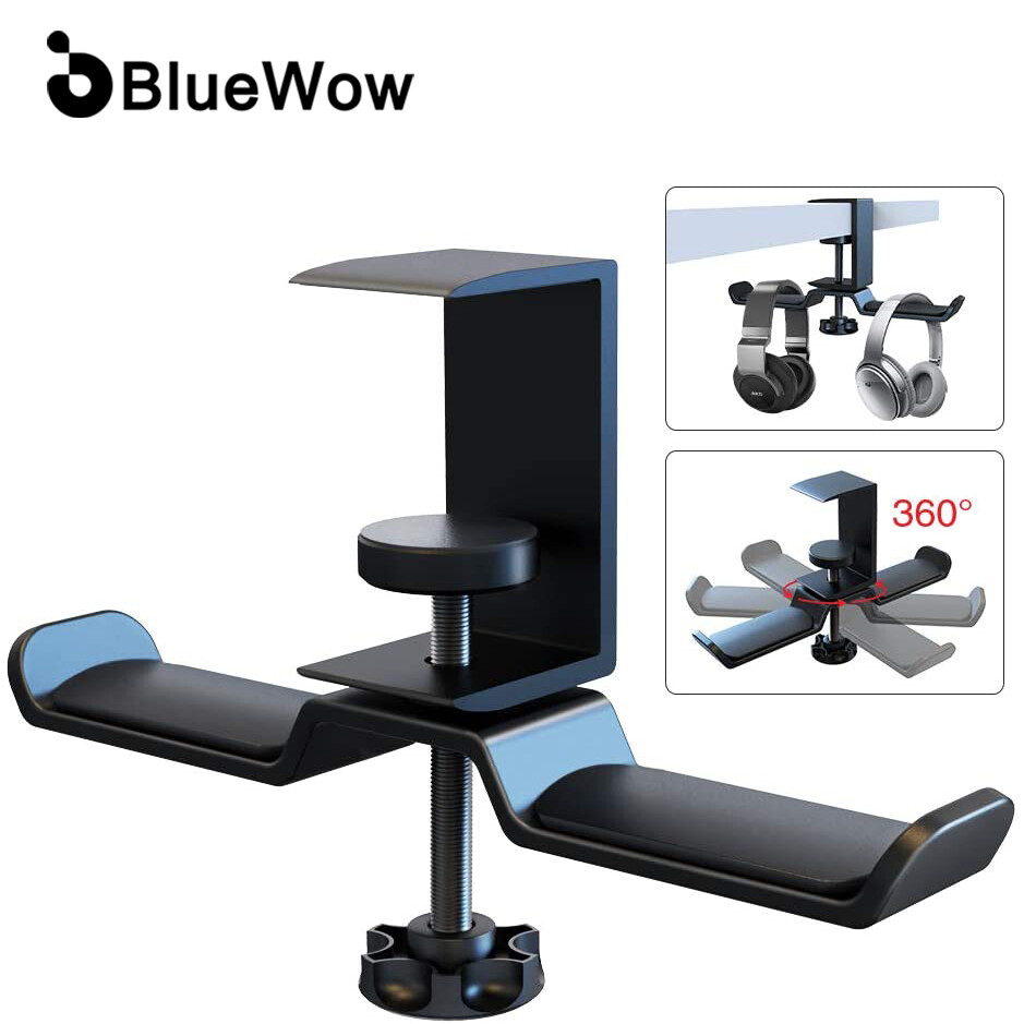 [Rotatable] BlueWow MT-220 Desk Headphone Hanger, Universal PC Gaming Dual Headphone Stand Under Desk, 360 Degree Rotating, Aluminum, Black