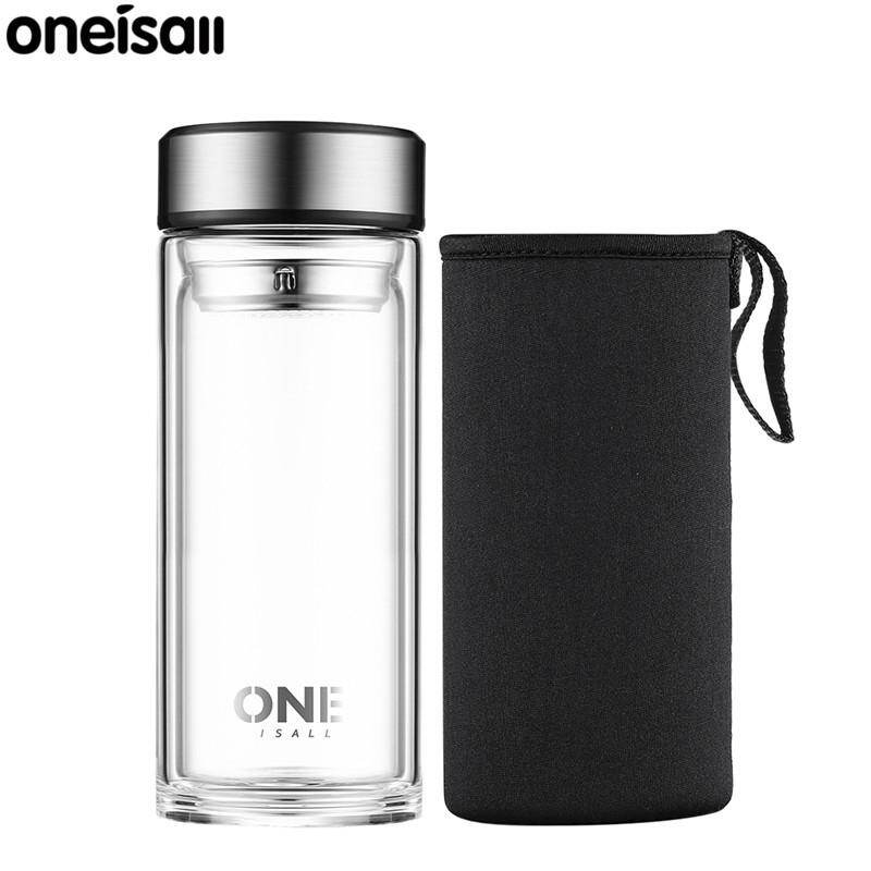 ONEISALL 490ml Chai nước thủy tinh đôi tường với tách trà Infuser Strainer cầm tay du lịch Chai cà phê Bộ lọc Đồ uống cho ấm trà văn phòng