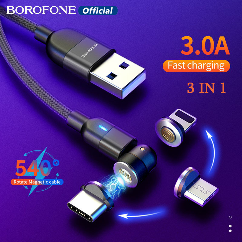 Borofone Bộ Sạc Nhanh Từ Tính 3 Trong 1 Cáp USB 3A Cáp Sạc Nhanh Loại C /Lightning /Micro, Bộ Sạc Nam Châm Xoay 540 Độ Dây USB Cho iPhone HUAWEI OPPO ViVO Xiaomi Redmi Cáp 1M/2M