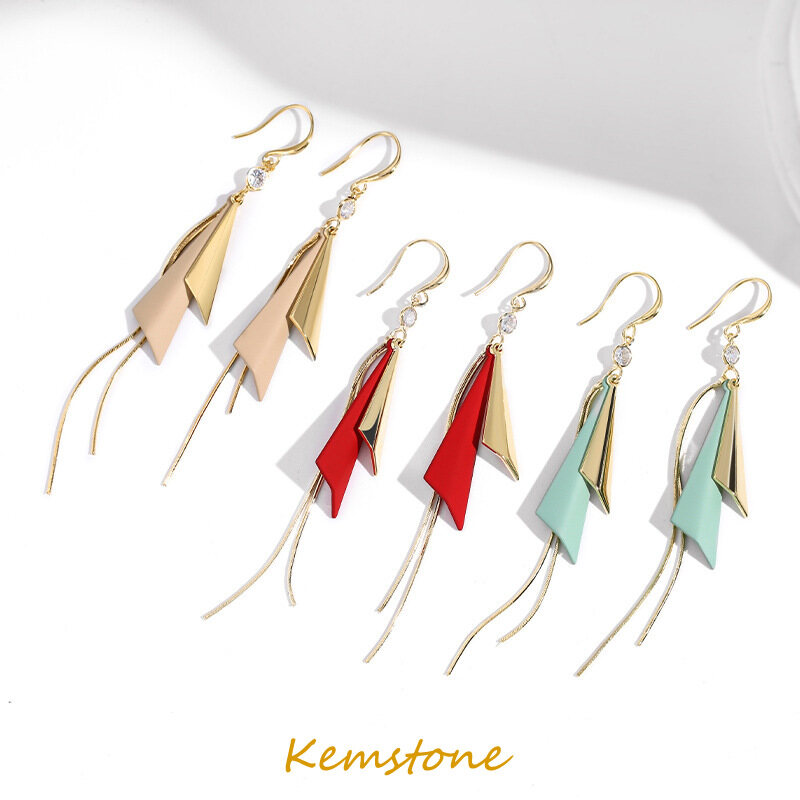 Kemstone Tassel Triangle Crystal Green Grey Red Color Female Long Drop Earrings for Women's Jewelry Gift ราคา 284 บาท*ส่งฟรี