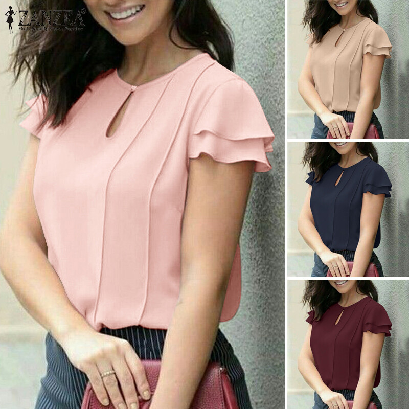 Esolo ZANZEA Womens ngắn tay bèo nhún giản dị t Áo sơ mi kỳ nghỉ hoạt động trang trọng Áo voan áo #11