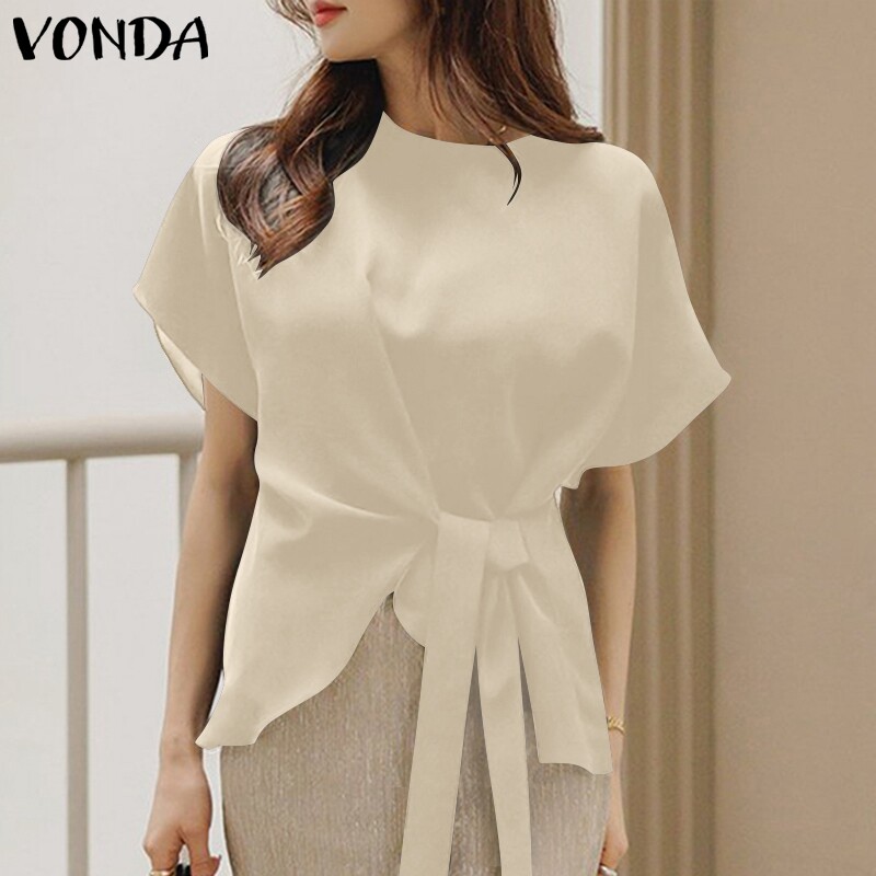 Vonda áo dài xếp ly cổ tròn tay ngắn cho nữ áo cánh màu trơn thường ngày áo thun