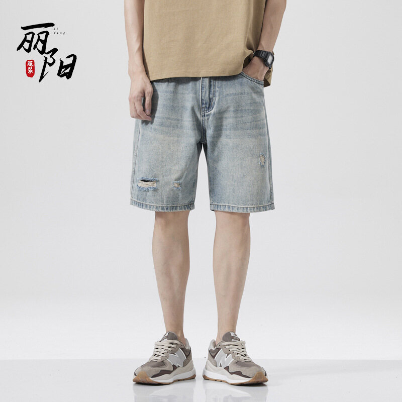 Đục Quần short denim cho nam giới của thương hiệu Thời Trang Mỹ rộng vừa vặn ống suông năm mảnh quần mùa hè xu hướng quần thường nhật mỏng dibi84207