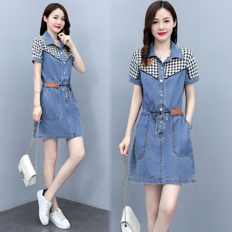 Đầm thiết kế dây rút ve áo đầm denim thêu cho nữ tay ngắn dáng ôm thường ngày dáng rộng viền áo đầm denim