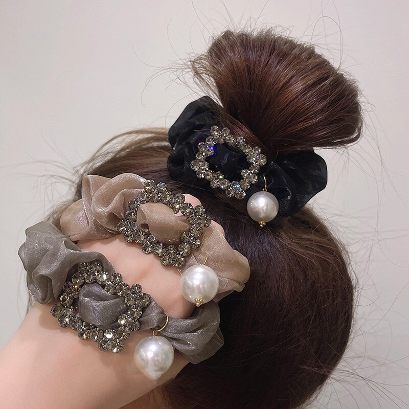 Hàn Quốc Retro Organza dây buộc tóc tóc giả ngọc trai Băng cao su phụ nữ cao cấp ruột lớn sợi lưới tóc scrunchie tóc phụ nữ Tie tinh tế Phụ kiện tóc