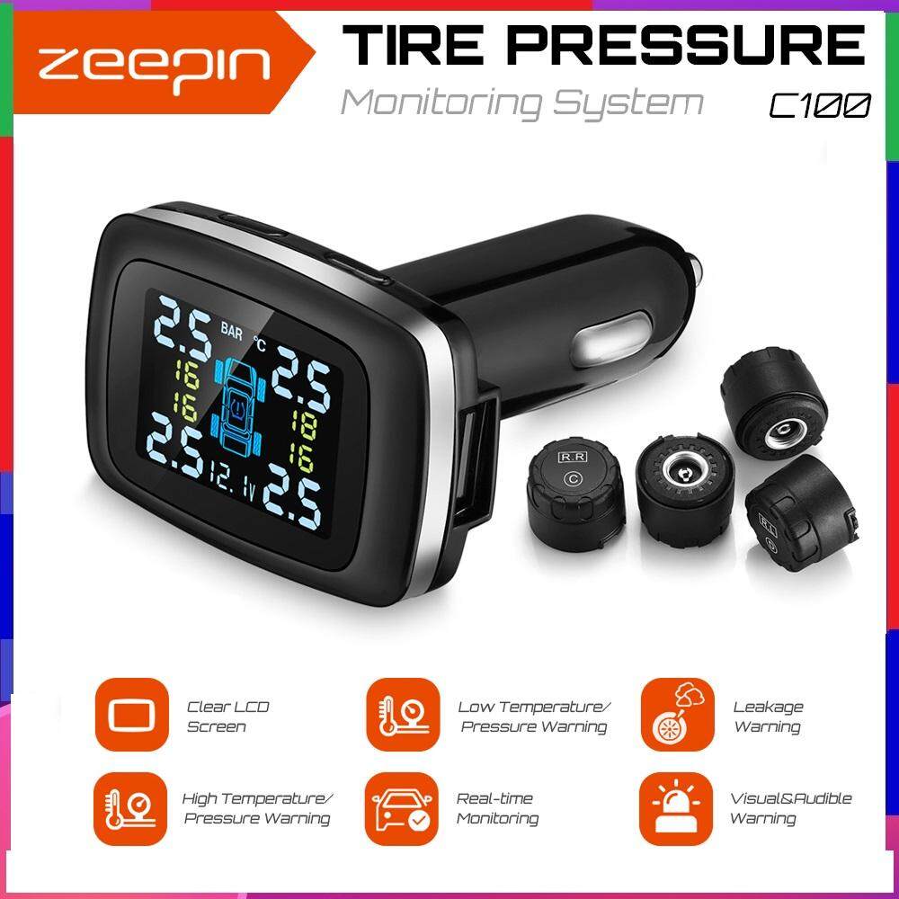 ZEEPIN C100 การตรวจสอบแรงดันยางรถยนต์ระบบ Plug TPMS หน้าจอ LCD 4 เซ็นเซอร์ภายนอก