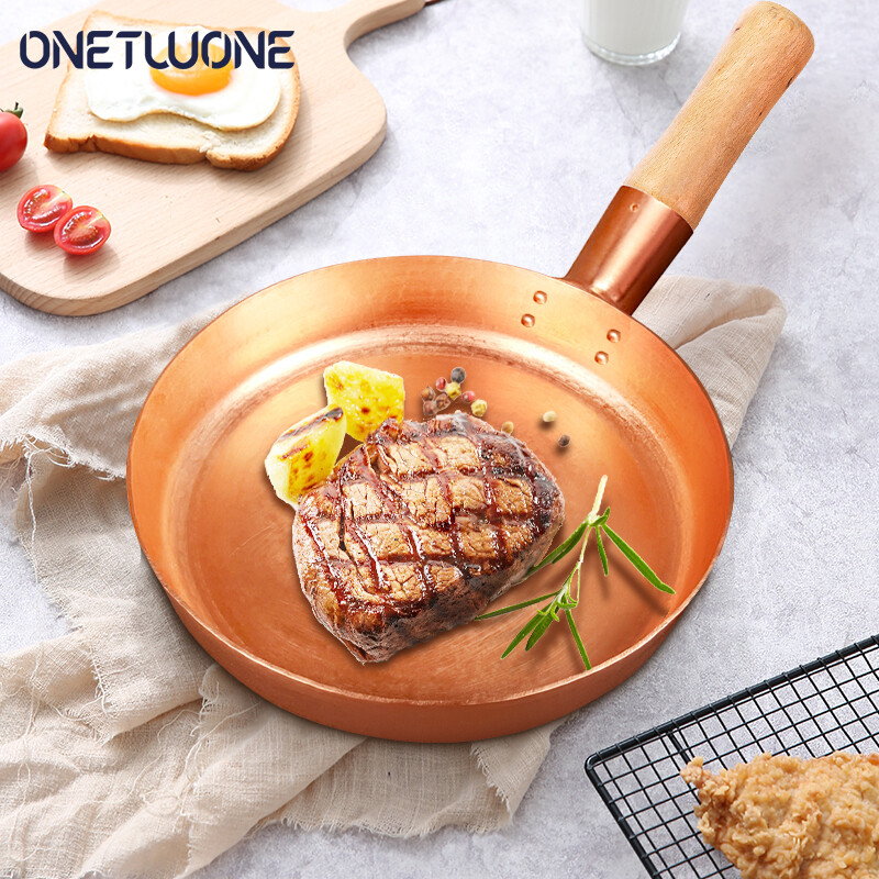 Onetwone 25CM/28CM Pure Red Copper Pan with Wooden Handle Handmade Copper Pan for 2-3 Person Copper Pot Thick Pancake Pan Uncoated Frying Pan Woks General Use for Gas Cooker ราคา 3,186 บาท*ส่งฟรี