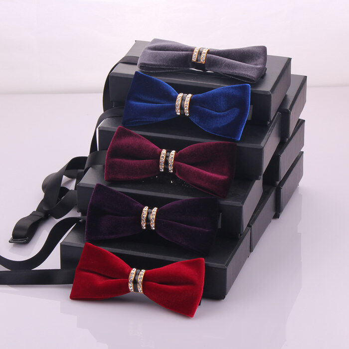 High-End Korean Style Banquet Gold Velvet Wedding Bow with Diamonds Fashion Exquisite Velvet Bow Tie