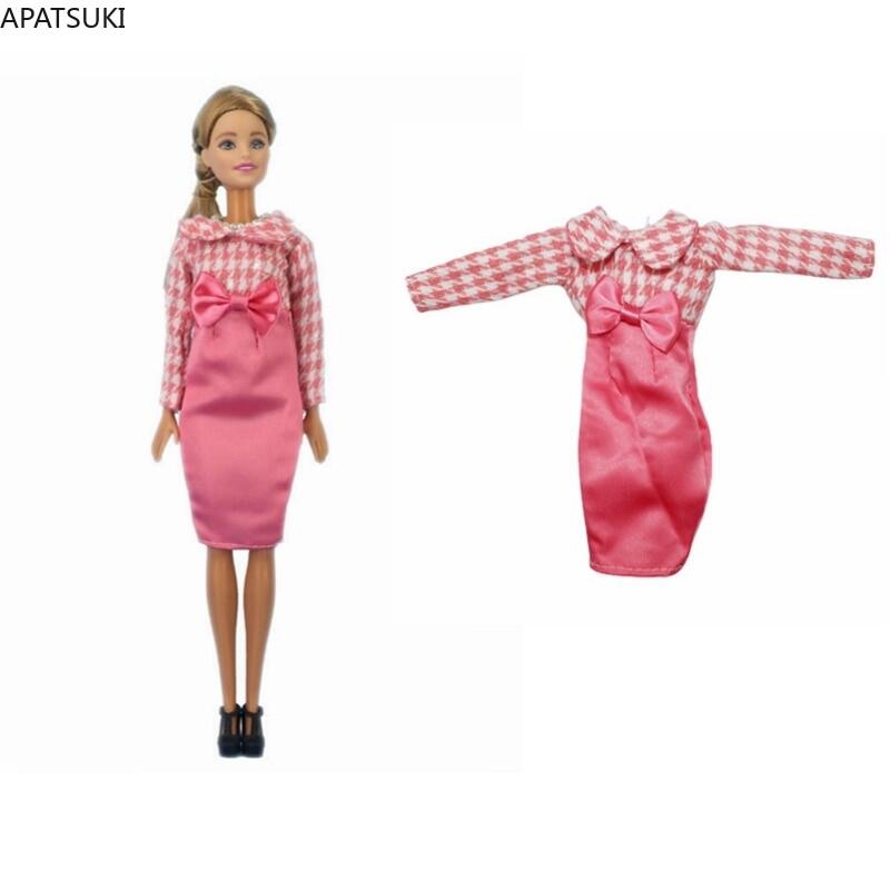 Pink Pretty Bow Dress For Barbie Doll Outfits Clothes Houndstooth Plaided