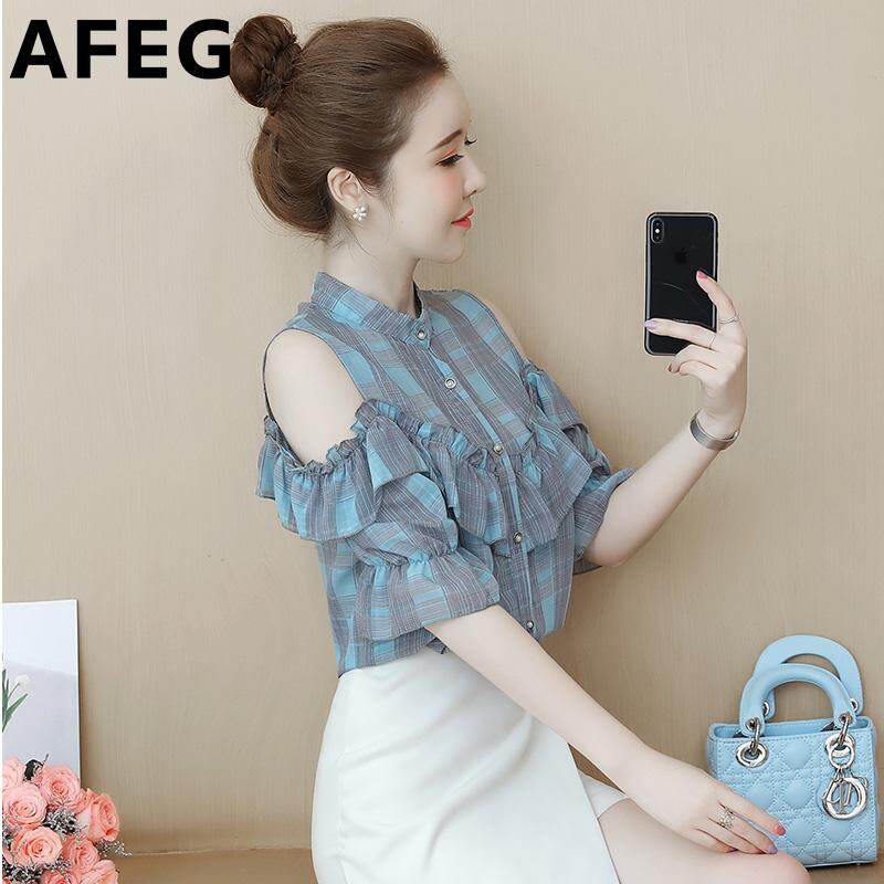 AFEG Cổ Đứng Ngắn Tay Hàn Quốc Mới Cho Nữ Áo Cánh Vải Voan Trễ Vai Thời Trang Thường Ngày Thanh Lịch Khí Chất Hoang Dã