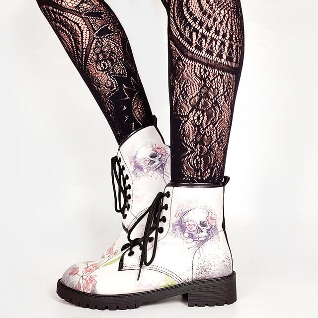 รองเท้าบูทผู้หญิงสไตล์โกธิคพิมพ์ลายดอกกุหลาบผีเสื้อ,รองเท้าแฟชั่นสตรีทไซส์ใหญ่43