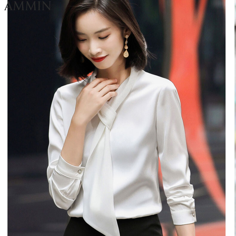 Áo Áo Voan AMMIN Kiểu Hàn Quốc Cho Nữ, Thời Trang Nữ Ruy Băng Áo Voan Khí Chất Vải Satin, Kiểu Dáng Đơn Giản, Thời Trang