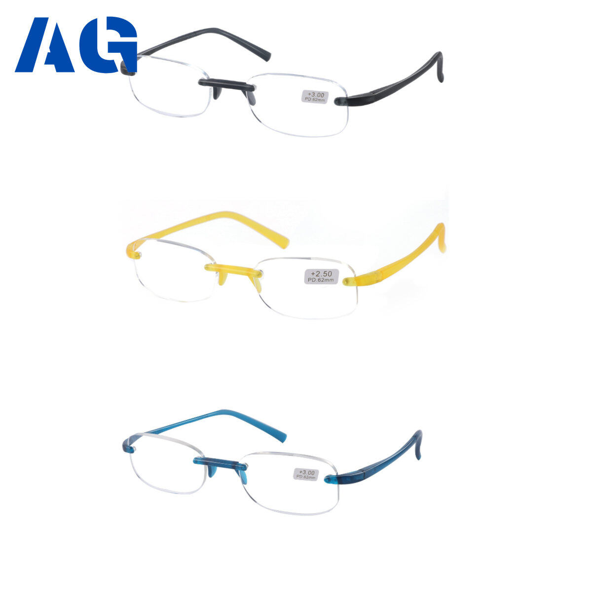 A-G New Rimless Square Glass Lens Reading Glasses for Men Women Anti Radiation Resin Lightweight Wear Resistant Unisex Fashion Color Reading Glass for Cellphone Computer Original G345