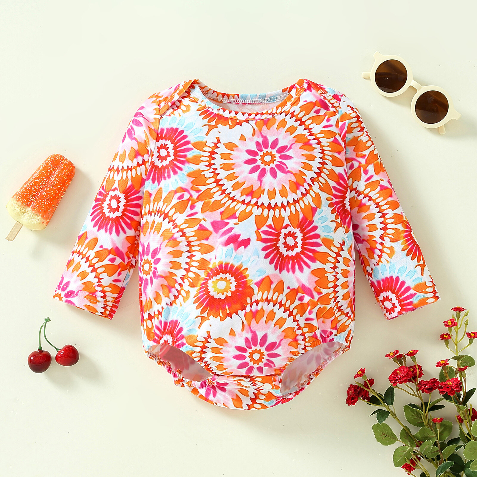 Toddler Girls Spring Romper Swimwear Long Sleeve Round Neck Floral Print Bathing Suit