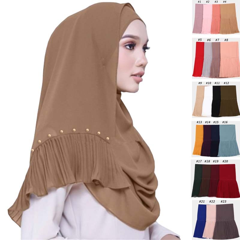 Jifang khăn xếp khăn quàng cổ vải voan màu trơn cho nữ khăn choàng chiffon cát khăn choàng nhăn nhăn xù ngọc trai khăn trùm đầu hồi giáo khăn choàng pashmina wj233