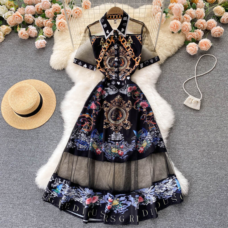 Đầm lưới cổ điển cho nữ mới đầm dạ tiệc in họa tiết retro ren khâu thời trang mùa hè đầm dài chữ a cho nữ